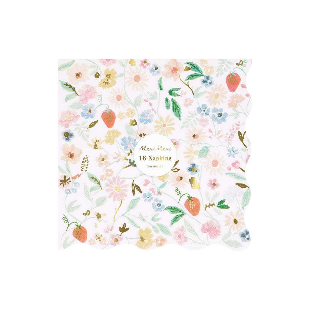 Meri Meri Elegant Floral large paper party napkin with wavy edge in packaging.