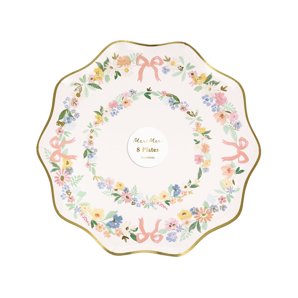 Meri Meri Elegant Floral paper party small plate with wavy edge and gold foil details in packaging.