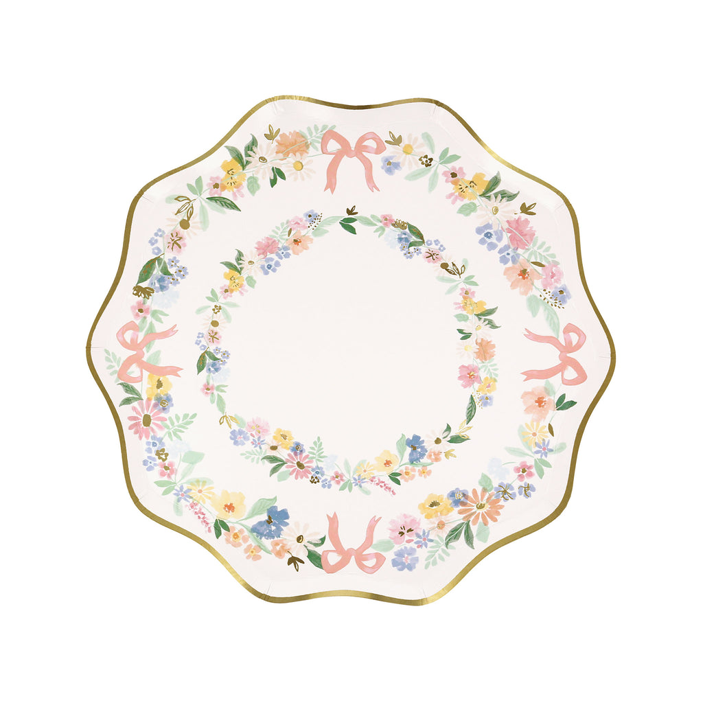 Meri Meri Elegant Floral paper party small plate with wavy edge and gold foil details.
