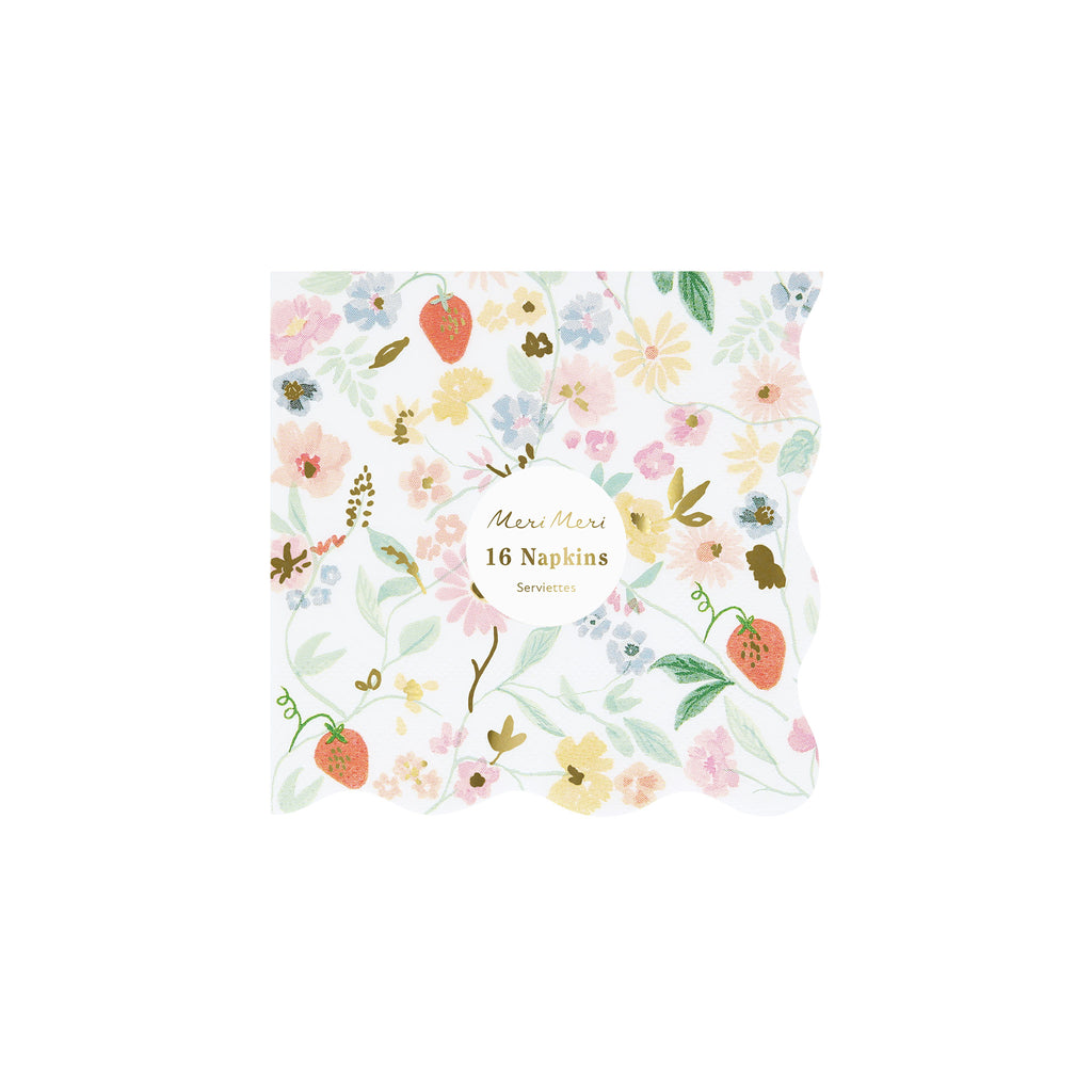 Meri Meri Elegant Floral small paper party napkin with floral design and wavy border in packaging.