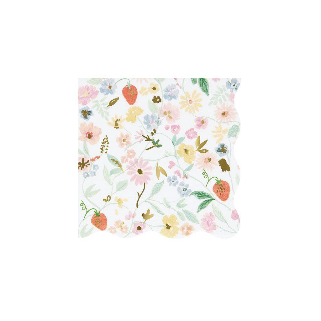 Meri Meri Elegant Floral small paper party napkin with floral design and wavy border.