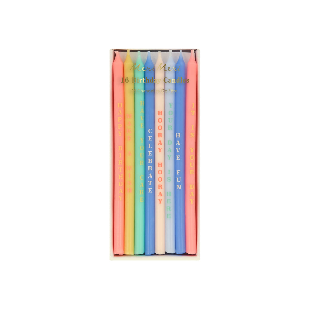 Meri Meri Birthday Phrases tall party cake candles in box packaging.