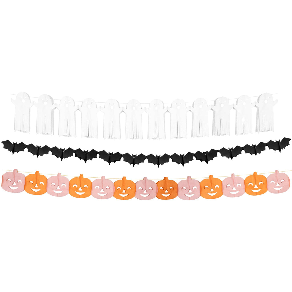 Meri Meri Tissue Paper Halloween garlands, set of three in ghost, bat and pumpkin designs.