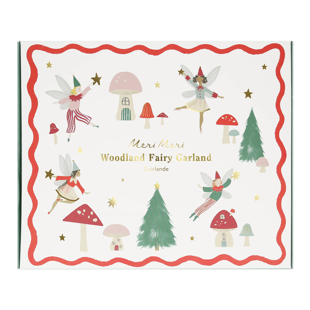 Meri Meri Woodland Fairy Garland holiday decoration in box packaging, front view.