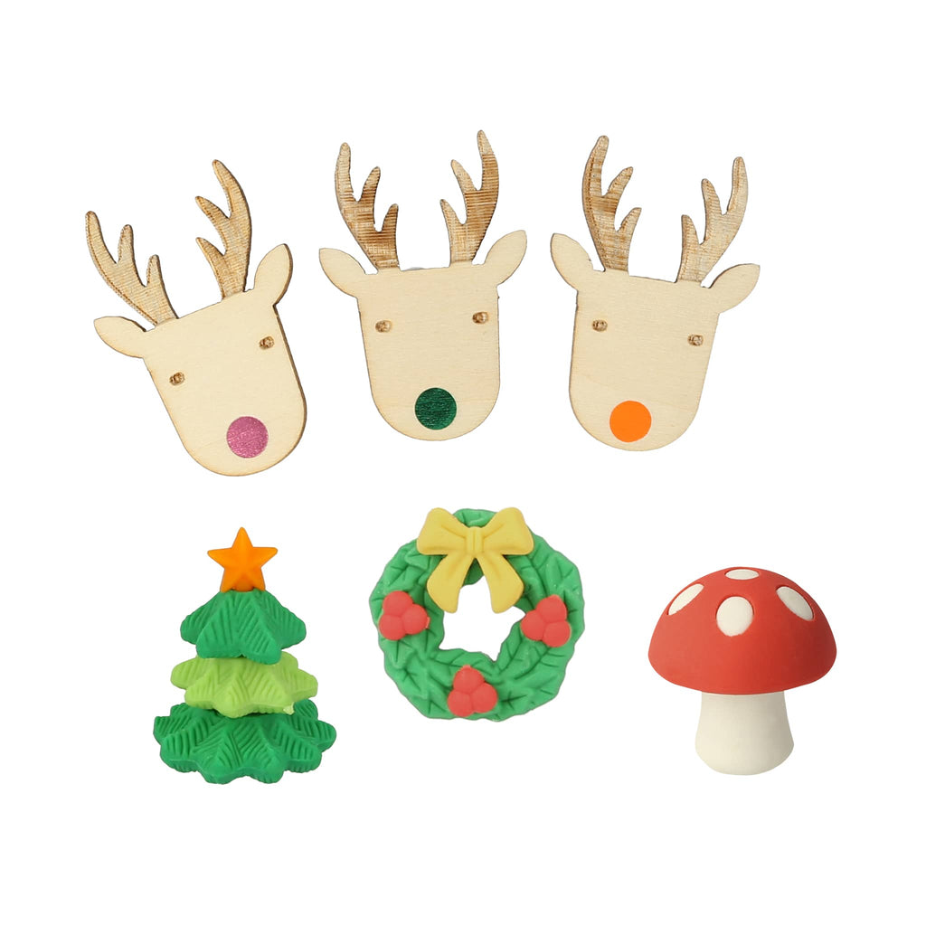 Meri Meri Woodland Jumper Reindeer holiday surprise crackers, reindeer brooch and eraser styles.