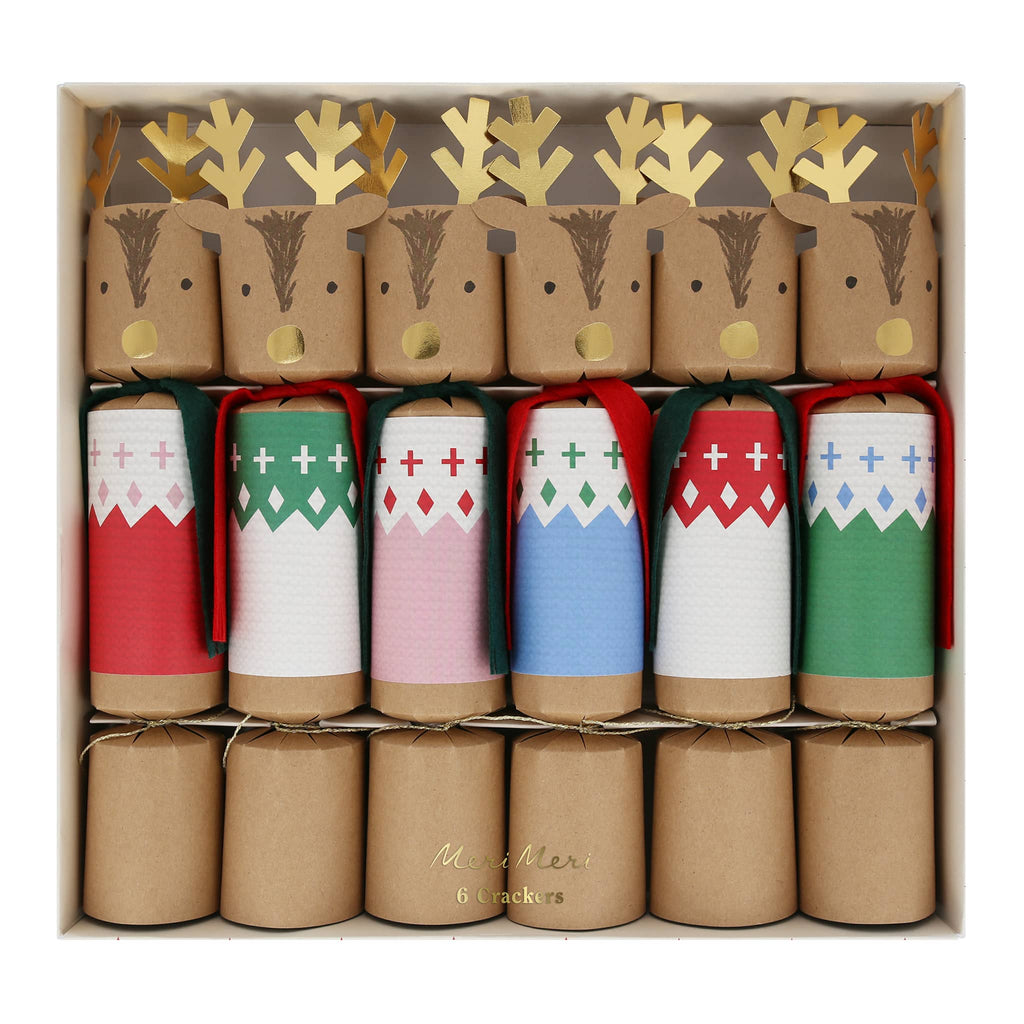 Meri Meri Woodland Jumper Reindeer holiday surprise crackers in box packaging, front view.