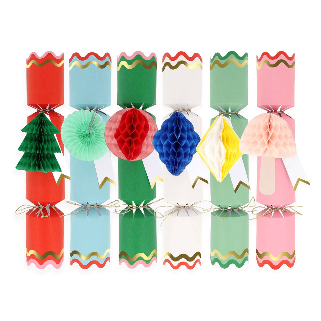 Meri Meri honeycomb collection holiday surprise crackers in 6 styles.