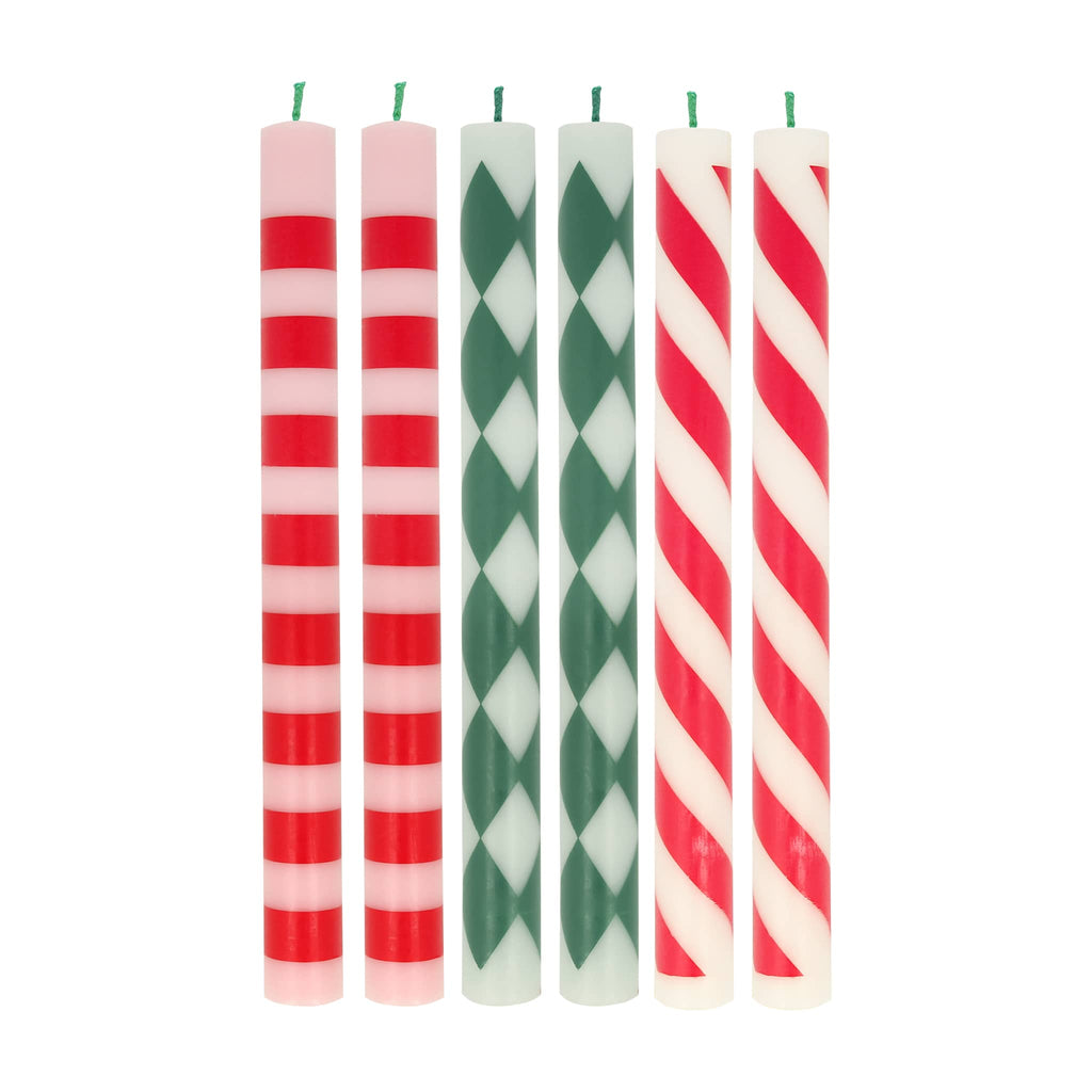 Meri Meri Festive Stripe unscented red and green patterned unscented candles, set of 6.