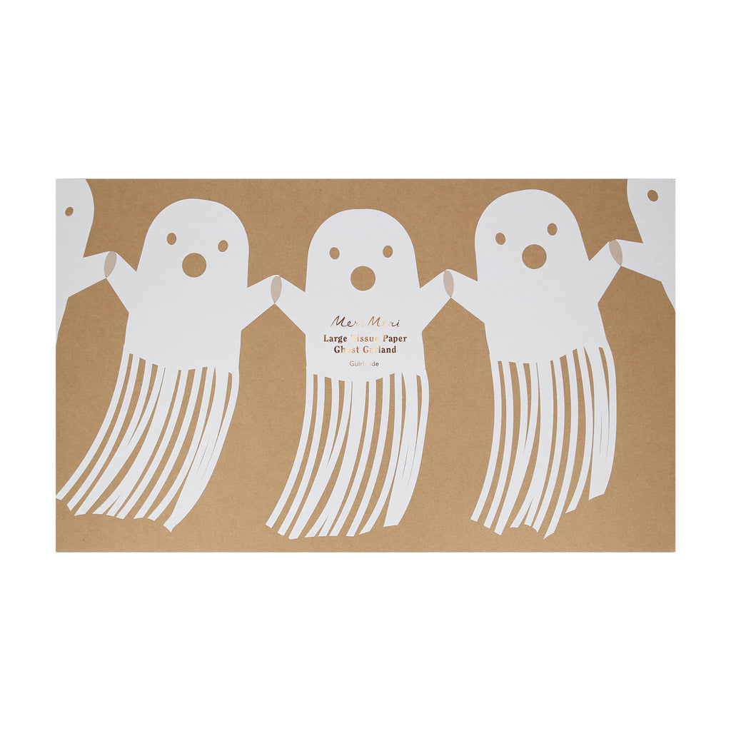 Packaging for large white paper ghosts with fringe on the bottom, on a white background.