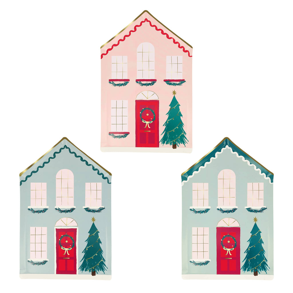 Meri Meri Festive House-shaped Holiday Christmas paper party plates in 3 colors.