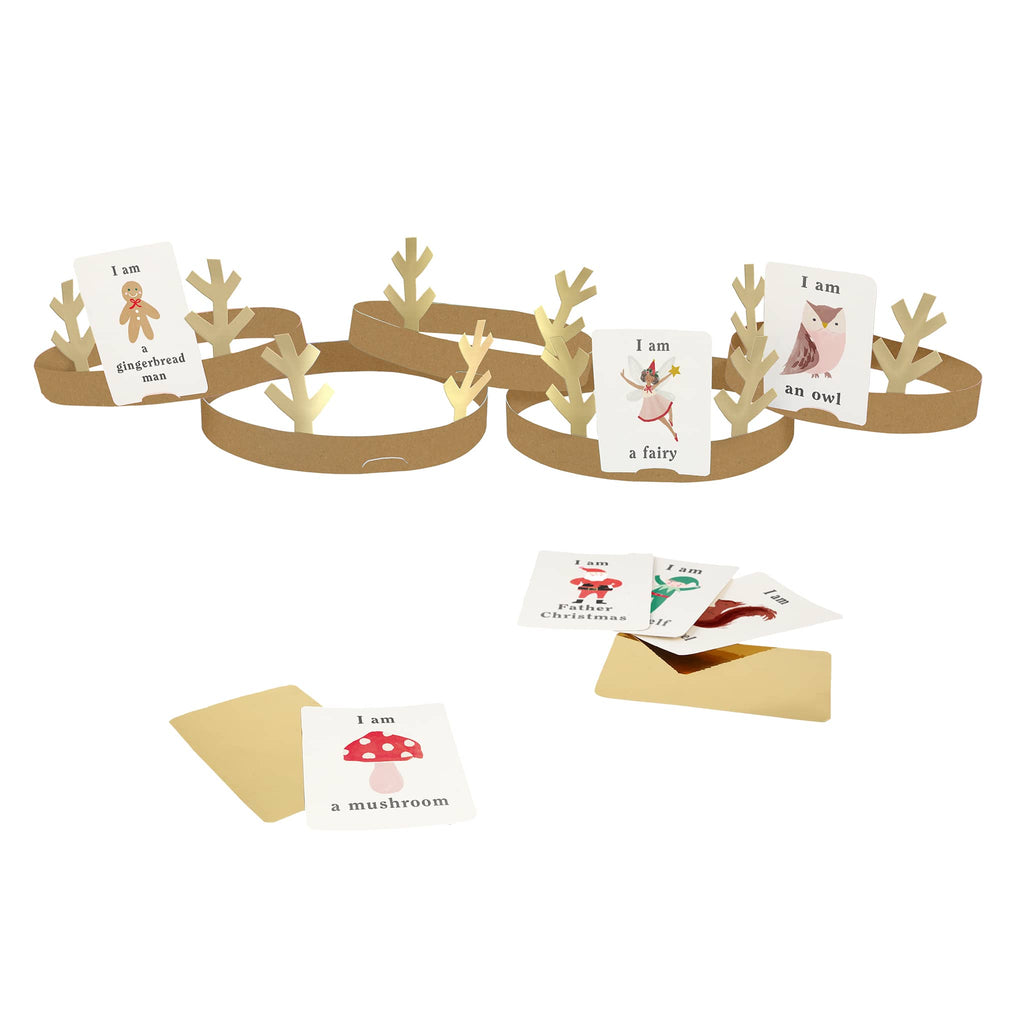 Meri Meri Woodland Stand Up holiday surprise crackers, antlers and game cards inside.