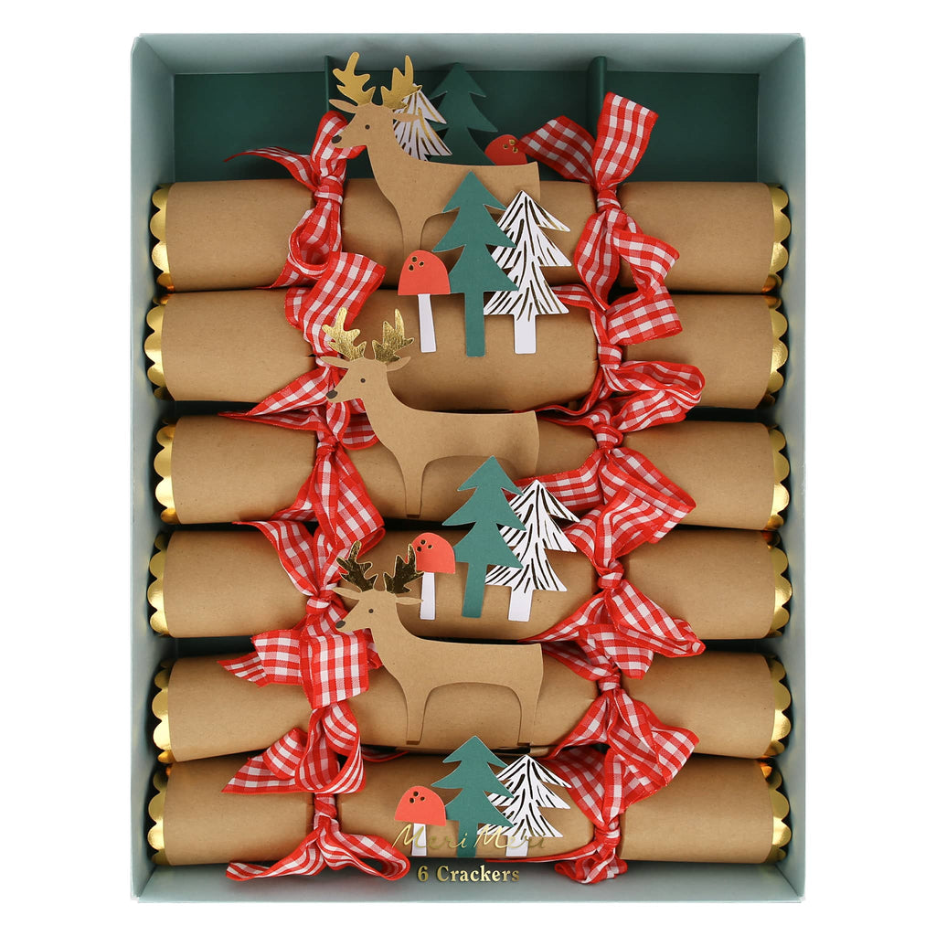 Meri Meri Woodland Stand Up holiday surprise crackers in box packaging.