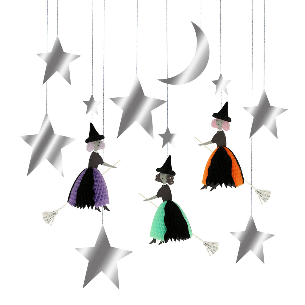 Meri Meri Flying Honeycomb Witch Halloween decorations, 3 witches with silver stars and a silver crescent moon.