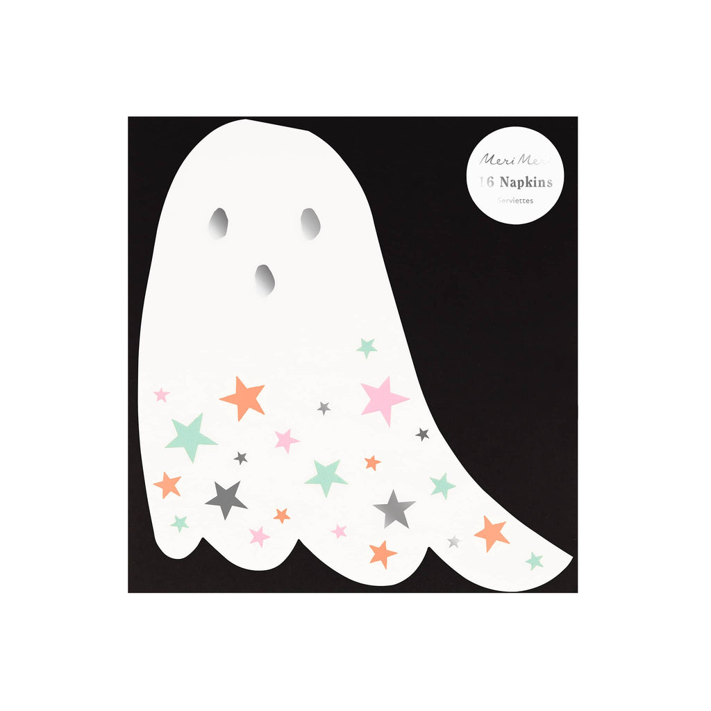 Meri Meri Ghost with stars Halloween paper party napkins, pack of 16 in packaging.