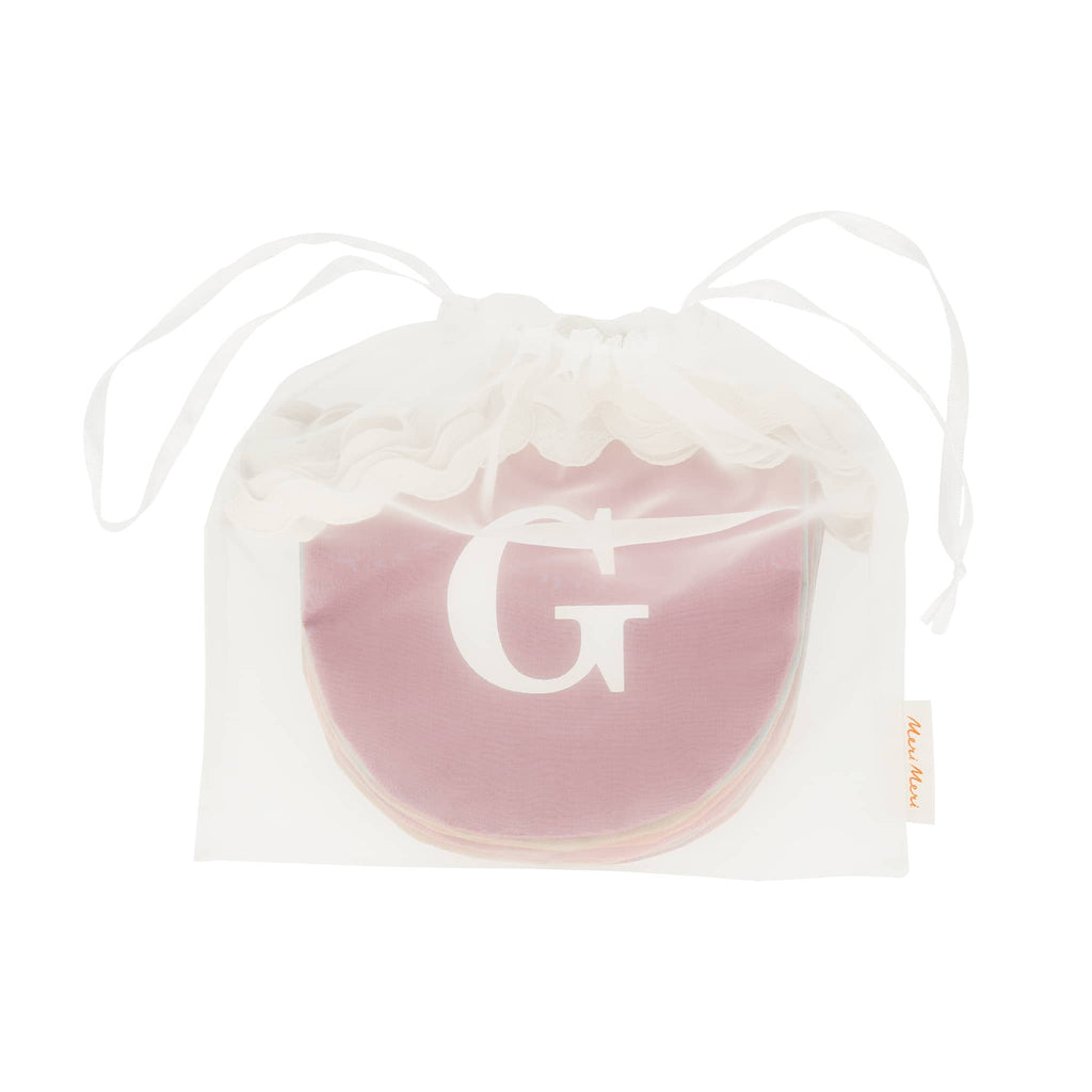 Fabric Give Thanks garland in white organza drawstring bag for storage.