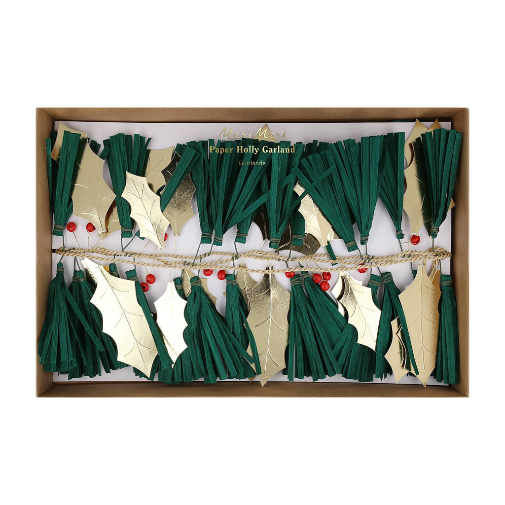 Meri Meri Pine Needles and Golden Holly Christmas holiday paper garland in box packaging.