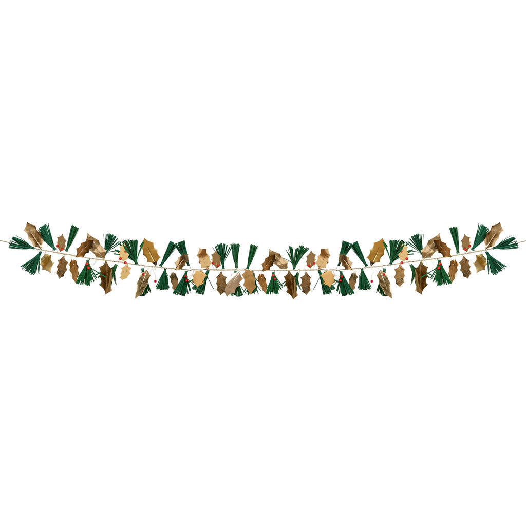 Meri Meri Pine Needles and Golden Holly Christmas holiday paper garland, full length.