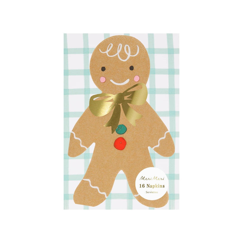 Meri Meri Gingerbread People Holiday Christmas die-cut paper party napkins in packaging, front view.