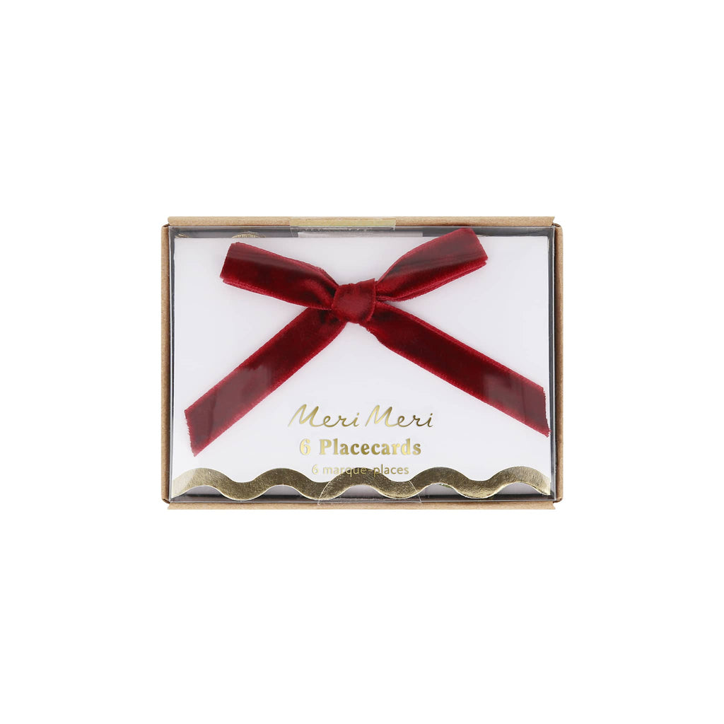 Meri Meri Autumn Velvet Bow Place Cards  with gold scalloped bottom edge, in packaging, front view.