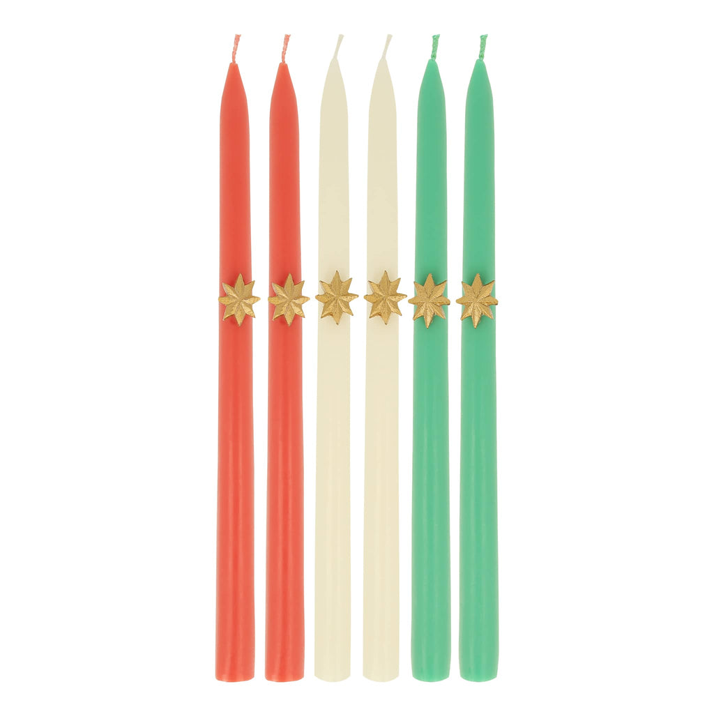 Meri Meri Gold Star Taper Candles, set of six, 2 in red, 2 in ivory and 2 in green.