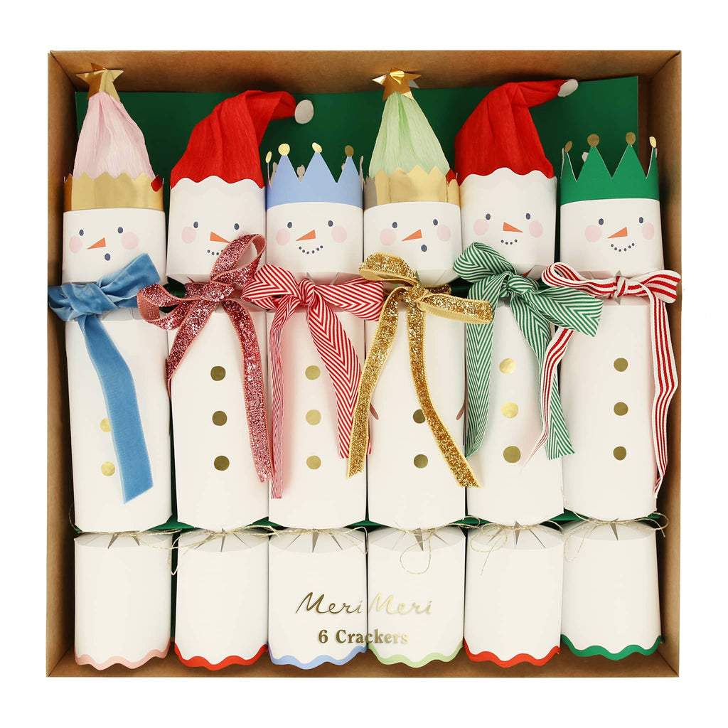 Meri Meri Snowmen holiday surprise crackers in box packaging.