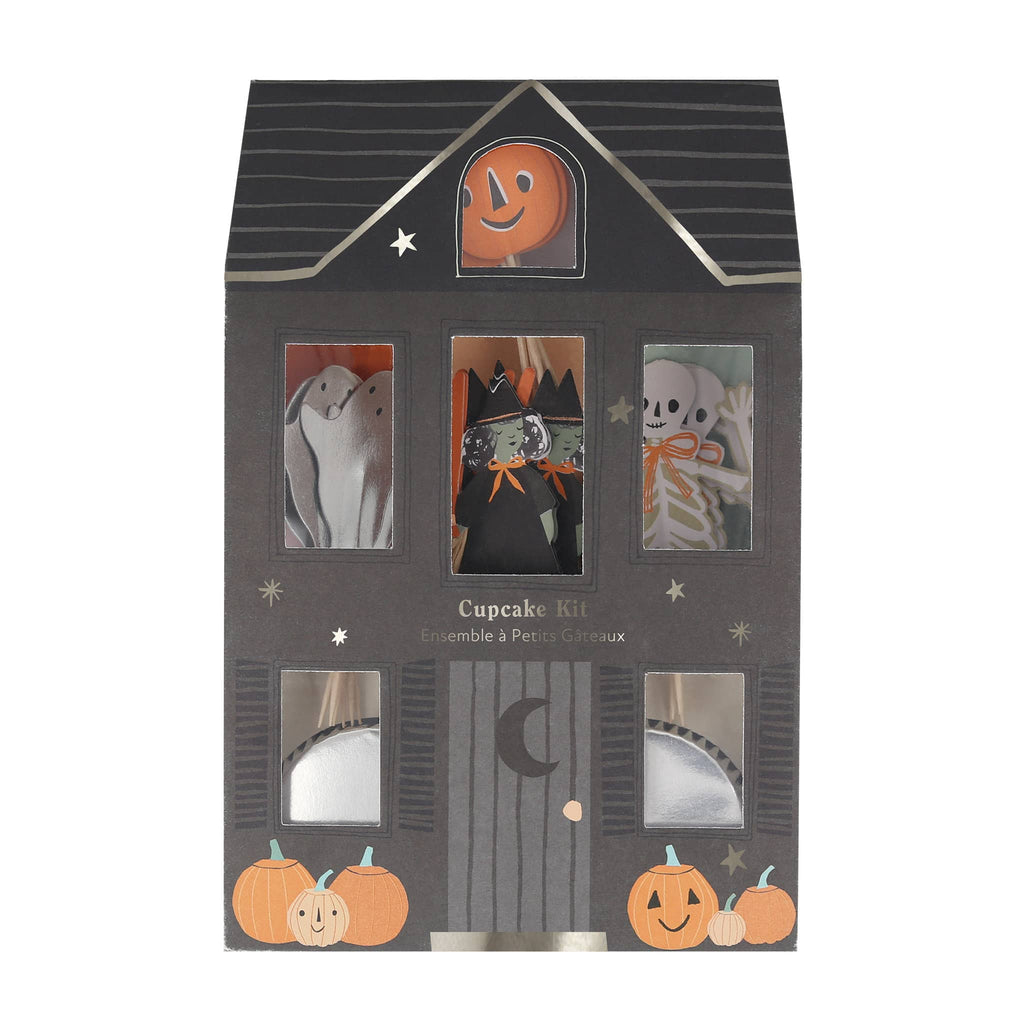 Meri Meri It's Halloween! Cupcake Kit in haunted house box packaging, front view.