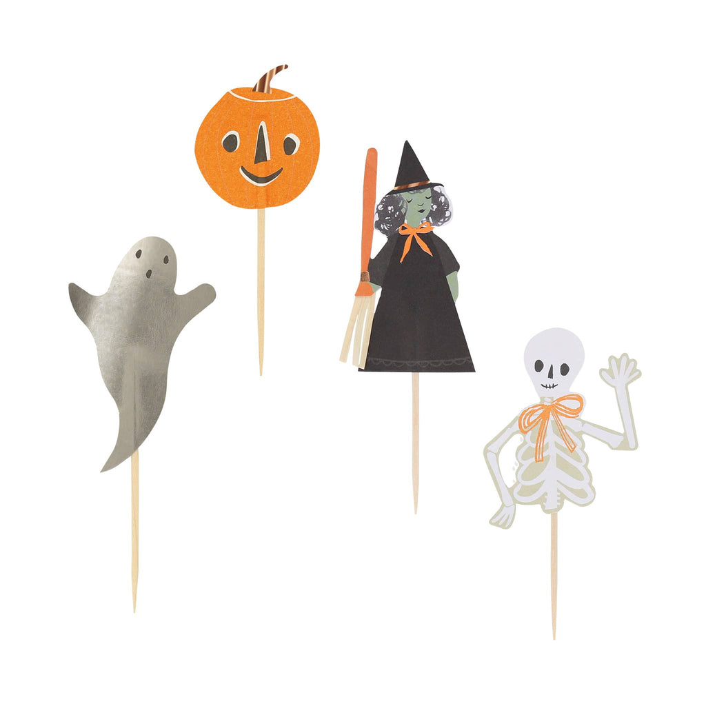 Meri Meri It's Halloween! Cupcake Kit with toppers in 4 designs, ghost, pumpkin, witch and skeleton.