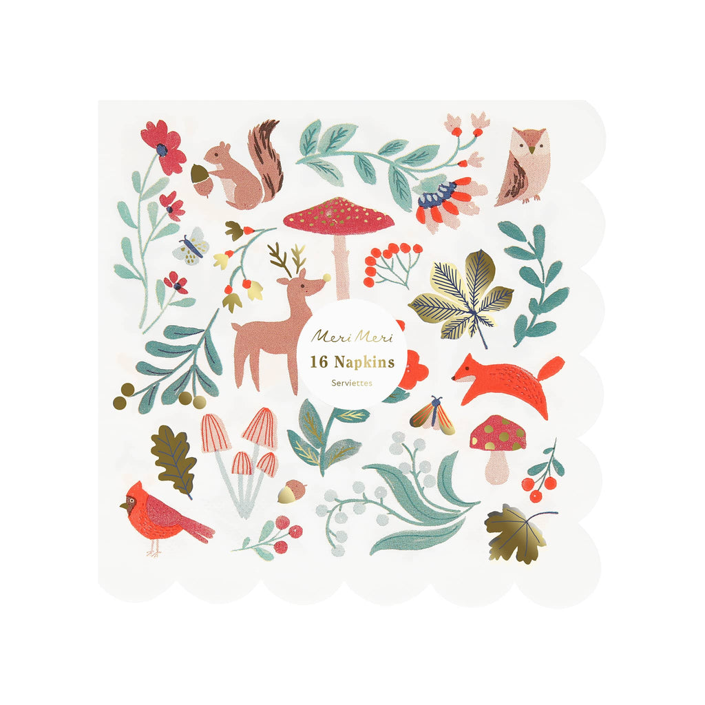 Meri Meri Winter Woodland large paper party napkins in packaging.