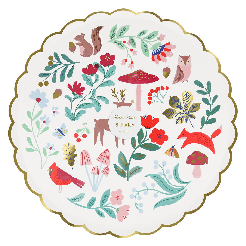 Meri Meri Winter Woodland large paper party dinner plate with gold scalloped edge in packaging.