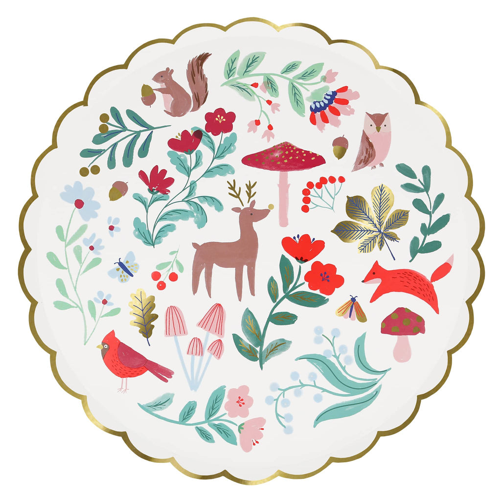 Meri Meri Winter Woodland large paper party dinner plate with gold scalloped edge.