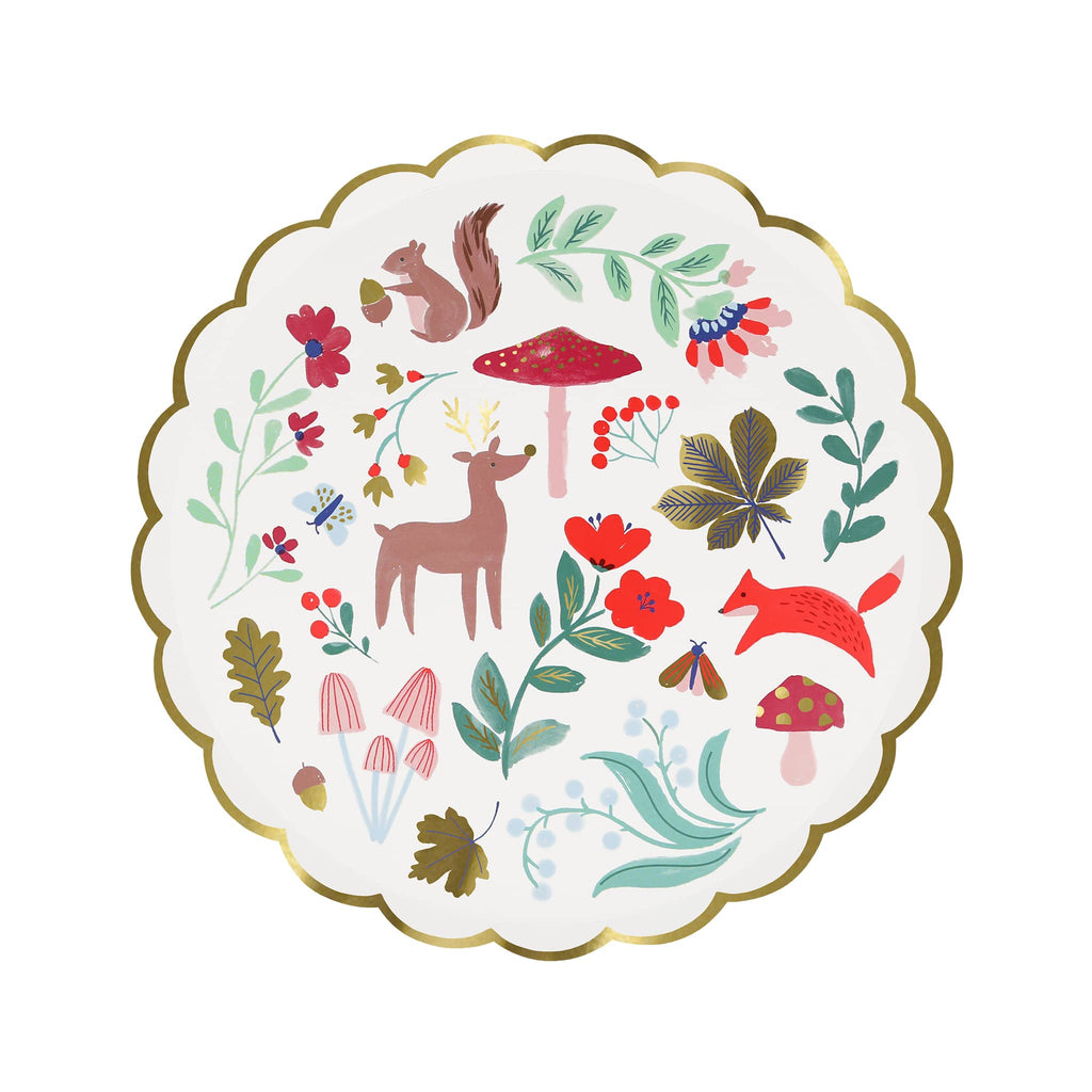 Meri Meri Winter Woodland small paper party plate with gold scalloped edge.