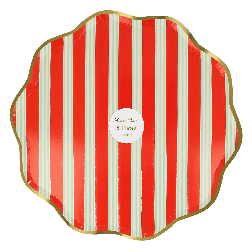 Meri Meri Festive Stripe large dinner holiday paper party plates in packaging.