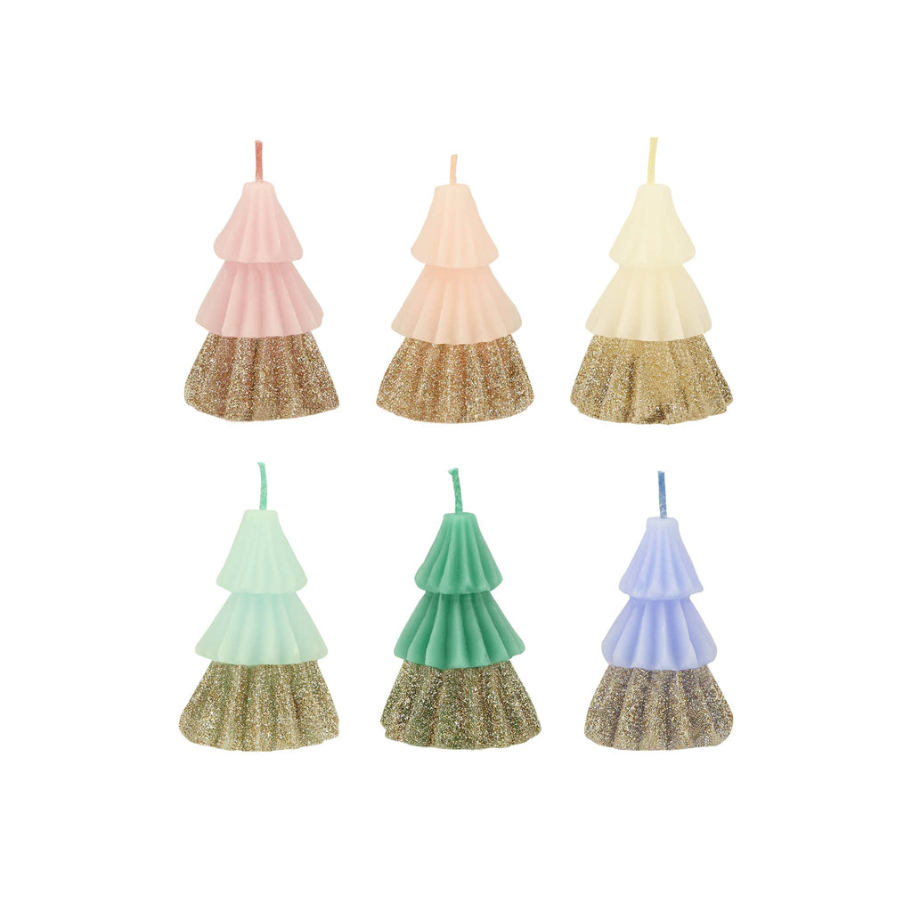 Meri Meri rainbow glitter tree shaped unscented candles in six colors.