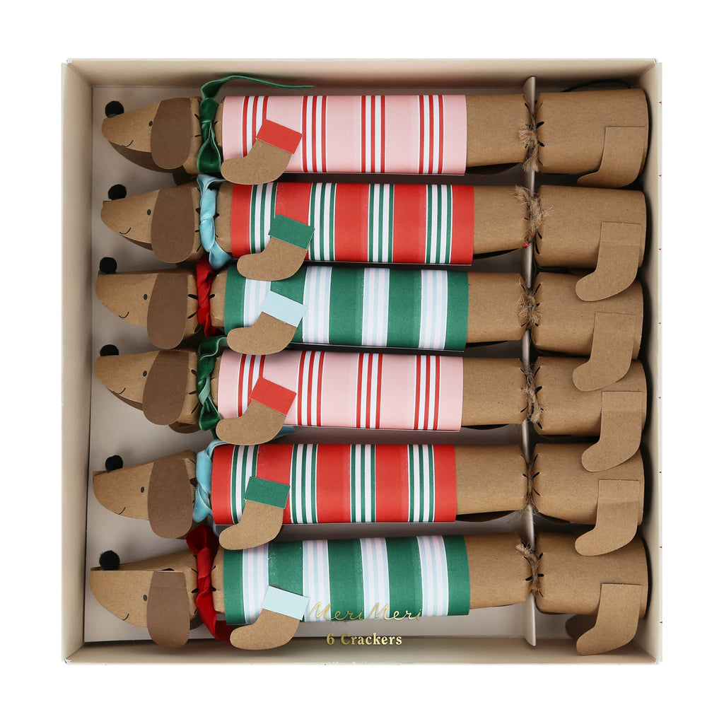 Meri Meri Festive Stripe Sausage Dog holiday surprise crackers in box packaging.