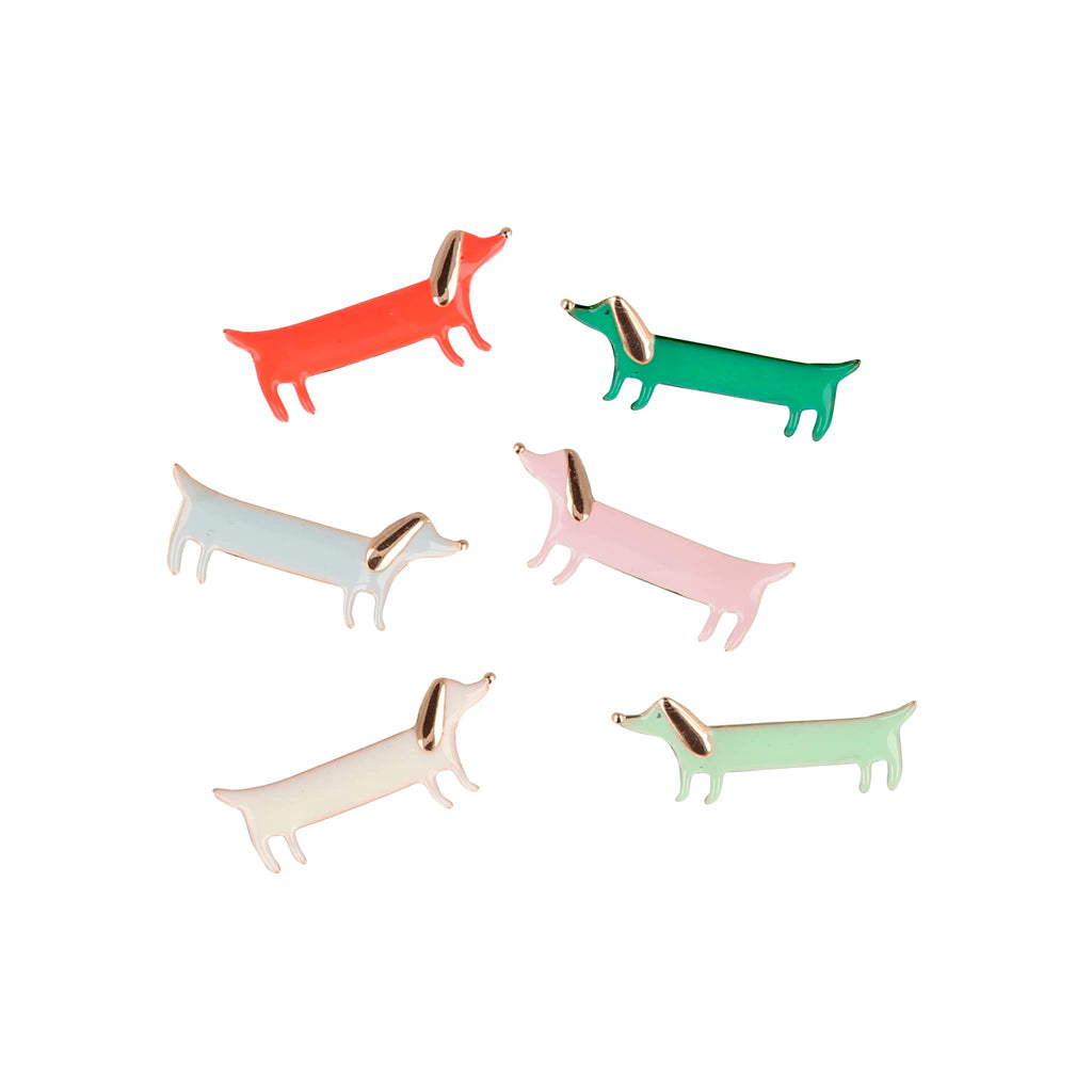 Meri Meri Festive Stripe Sausage Dog holiday surprise crackers, styles of included enamel dog brooches inside.