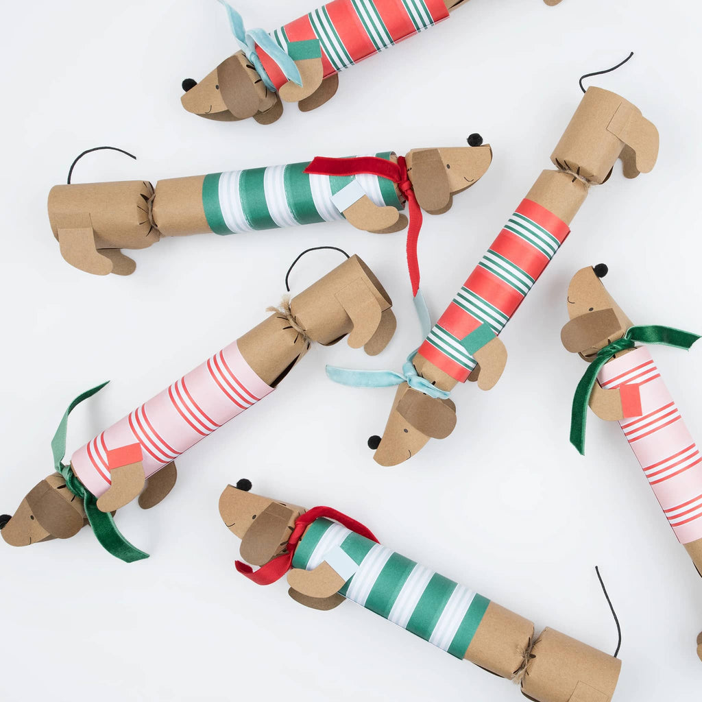 Meri Meri Festive Stripe Sausage Dog holiday surprise crackers.