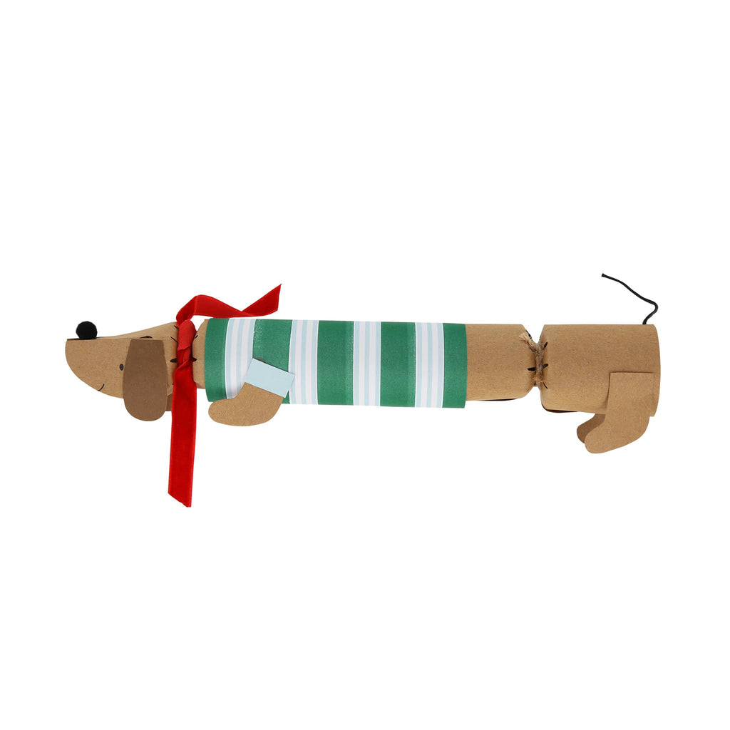 Meri Meri Festive Stripe Sausage Dog holiday surprise cracker, single detail.