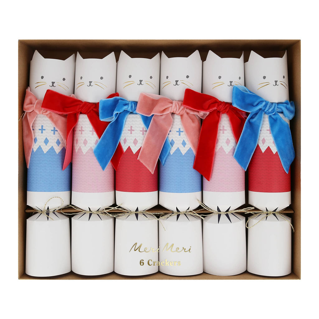 Meri Meri Velvet Bow Cat holiday surprise crackers in box packaging.