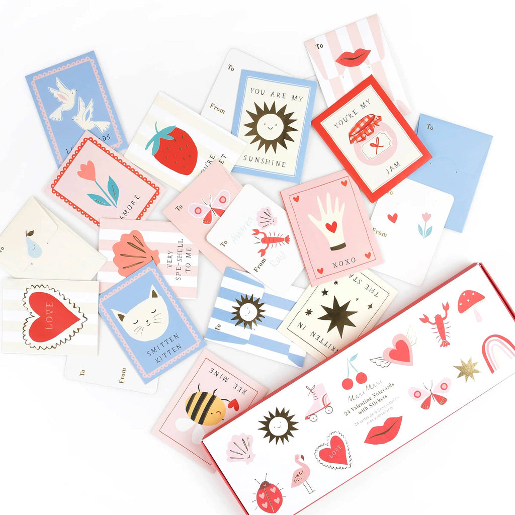 Meri Meri Icon Kids Valentine's Day cards with stickers set, contents shown with packaging.