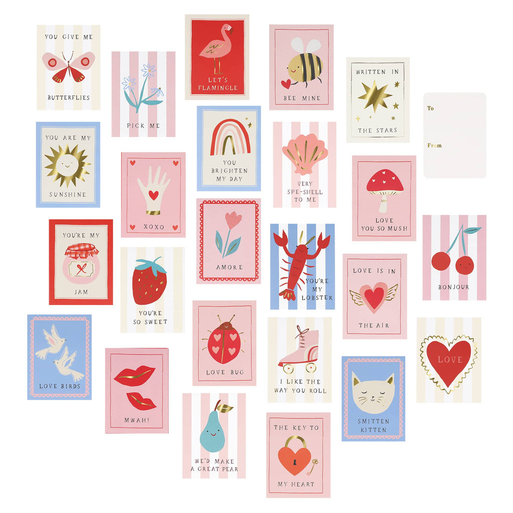 Meri Meri Icon Kids Valentine's Day cards with stickers set, 24 different styles of card shown.