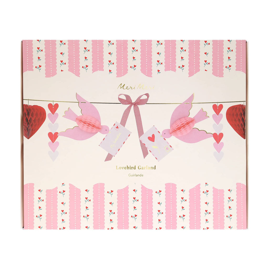 Meri Meri Lovebird Garland Valentine's Day party decoration in box packaging, front view.