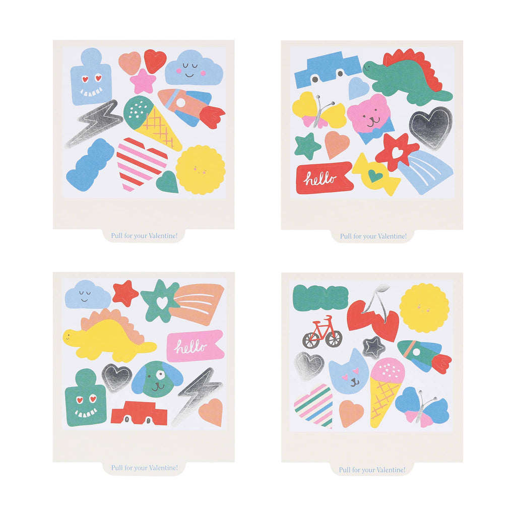 Meri Meri Instant Camera Kids Valentine's Day cards with stickers set, all 4 styles of sticker sheet shown.