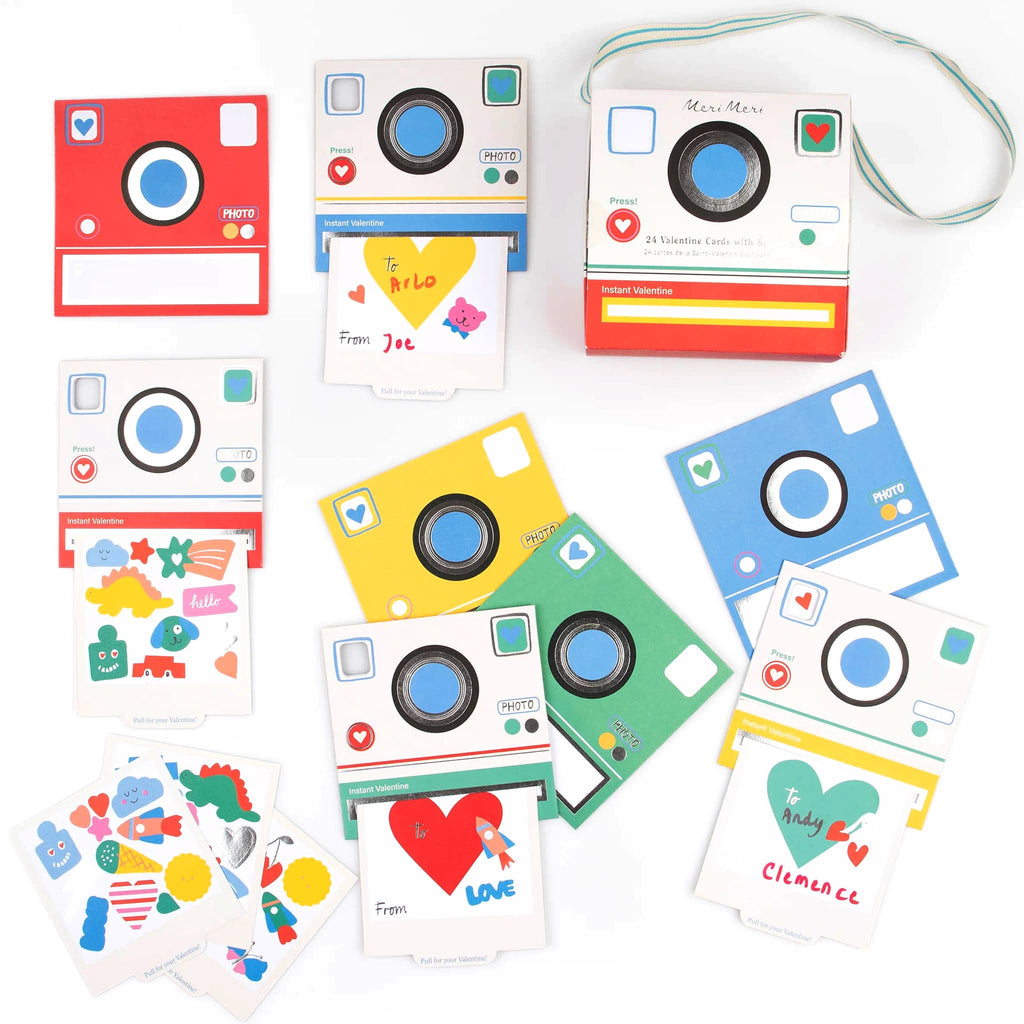 Meri Meri Instant Camera Kids Valentine's Day cards with stickers set, contents shown with packaging.