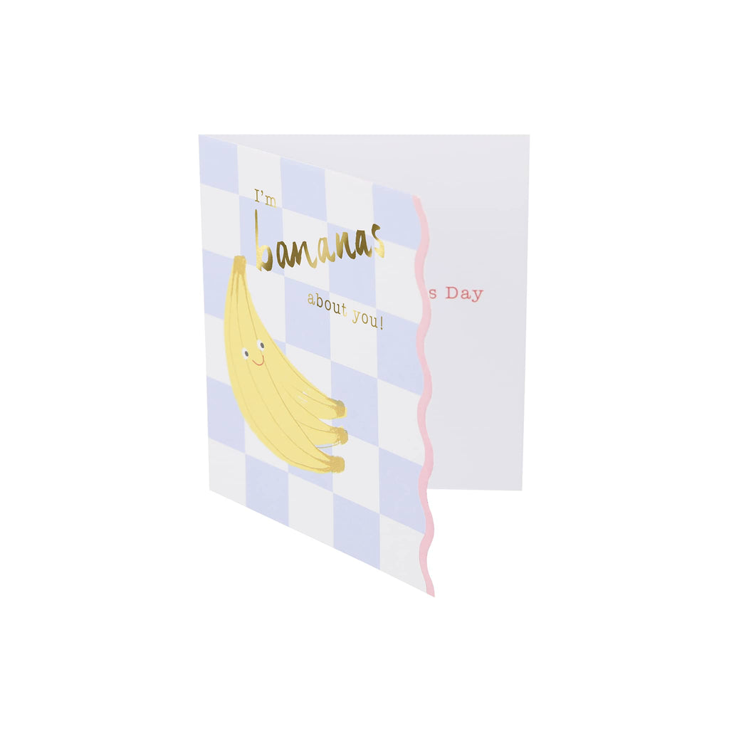 Meri Meri Fruit Basket Kids Valentine's Day cards with erasers set, illustration of bananas on a blue and white checkered card.