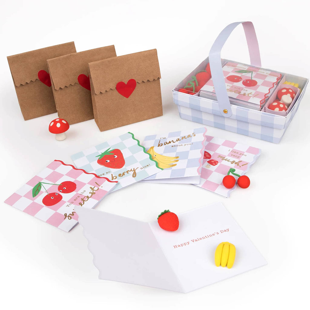 Meri Meri Fruit Basket Kids Valentine's Day cards with fruit shaped erasers and basket shaped packaging with cards and brown bag envelopes.