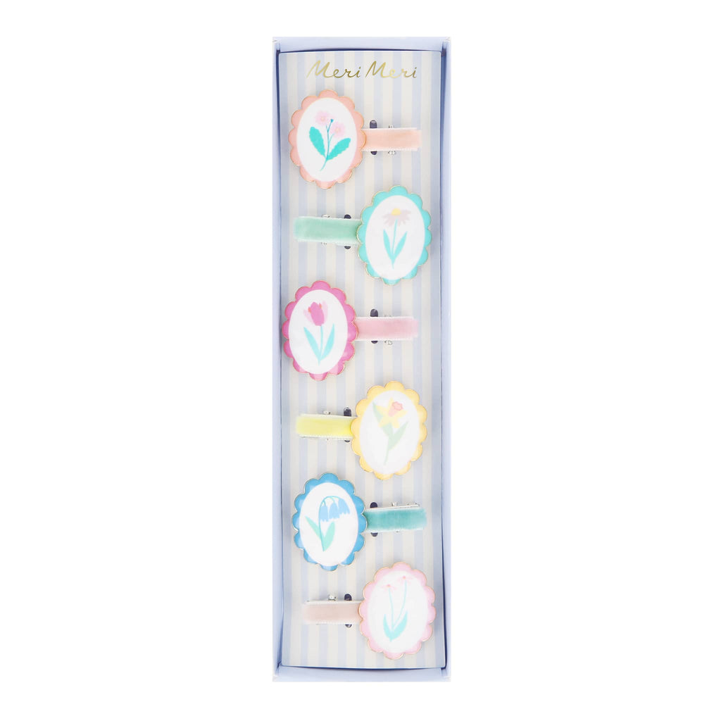 Meri Meri Flower Cameo Hair Clips, set of 6 in box packaging, front view.