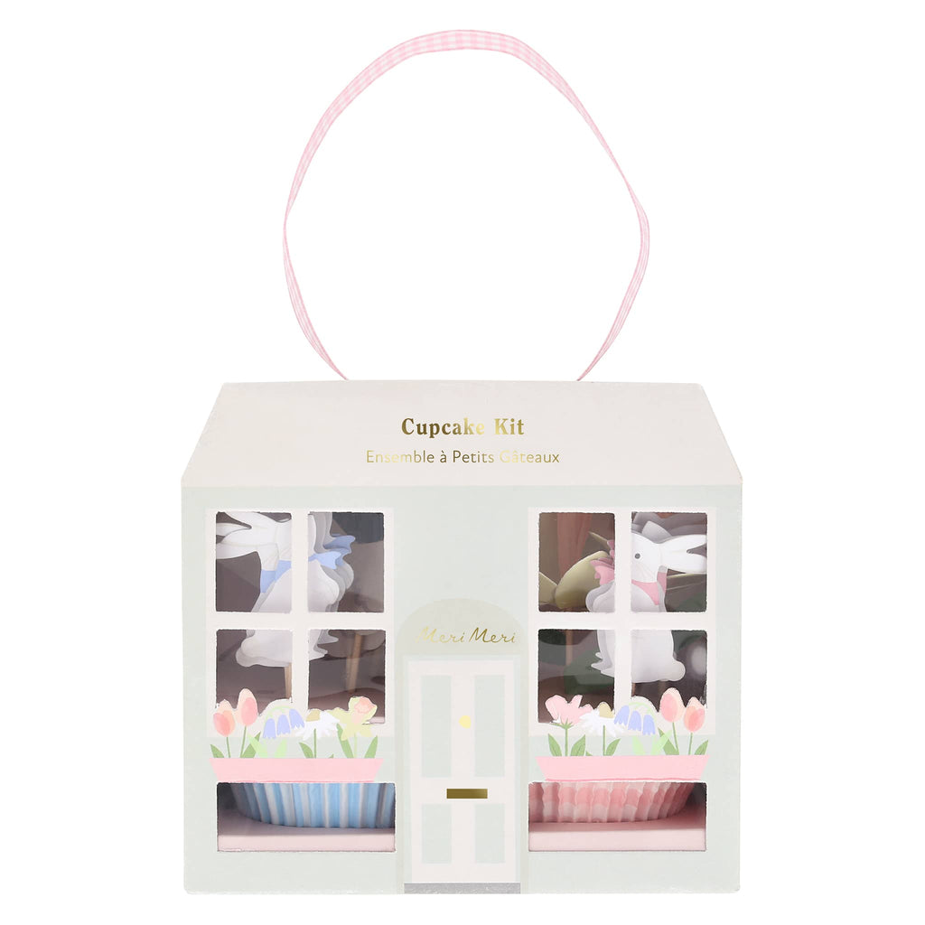 Meri Meri Easter Cottage Cupcake Kit in house box packaging, front view.