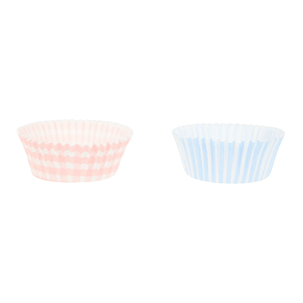 Meri Meri Easter Cottage Cupcake Kit, included pink gingham and pastel blue and white striped paper cupcake liners.