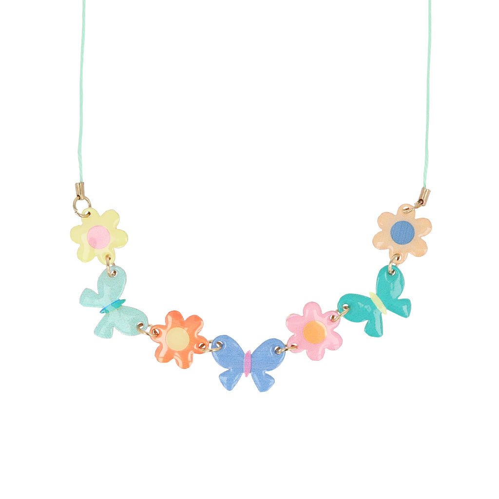 Meri Meri Butterflies and Flowers enamel charm necklace, front view.