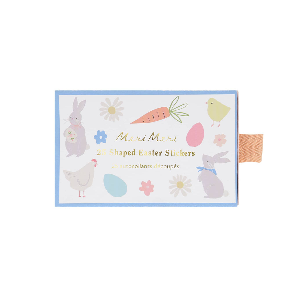 Meri Meri shaped easter stickers in matchbox packaging with peach ribbon pull.